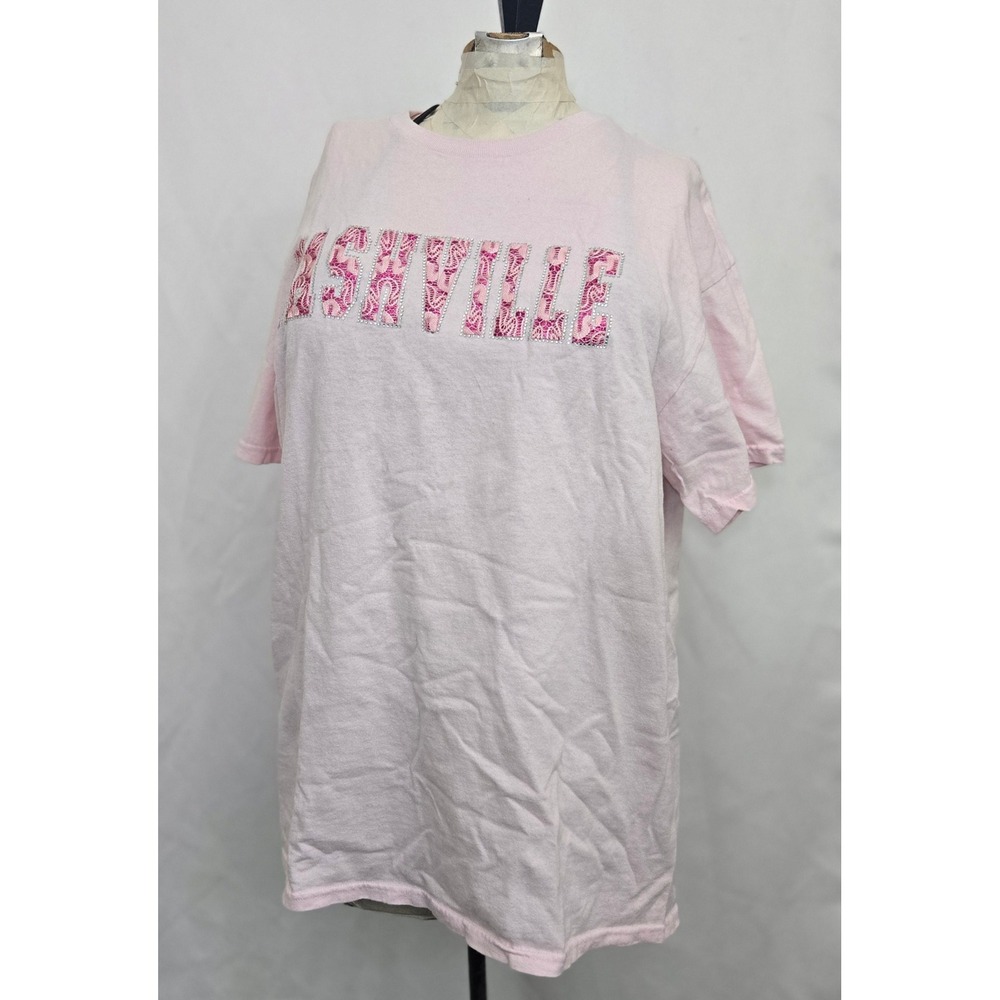 Nashville T Shirt Womens L Pink Rhinestone Lace Y2K Bachelorette Girls‎ Trip Tee
